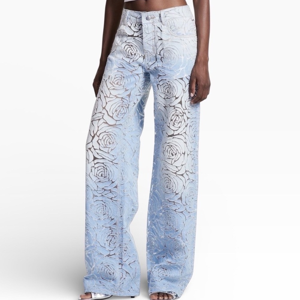 Innovare Denim Rose Burnout Wide Leg Jeans Floral Blue Pants Festival Size 29